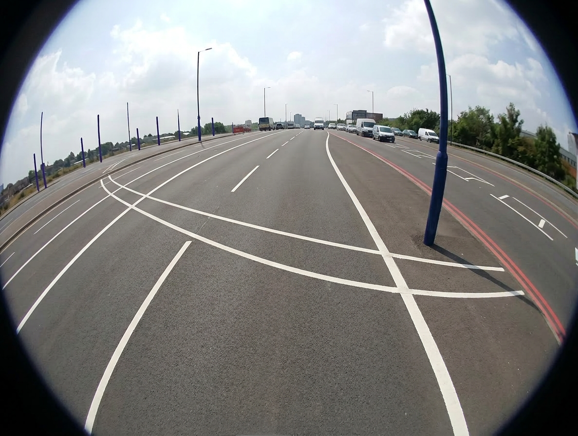 Complex junction, dense lane markings under fisheye distortion